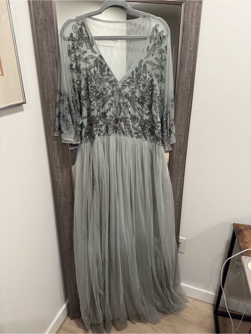 Maya Light Sage Embellished V-Neck Tulle Maxi Dress